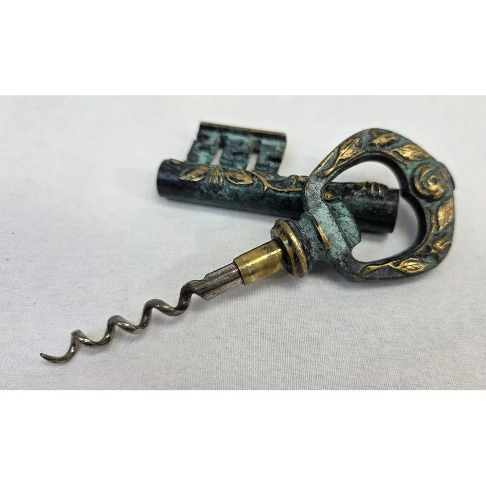 Vintage Skeleton Key Corkscrew Bottle Opener Verdigris Rose Embossed Bar Tool